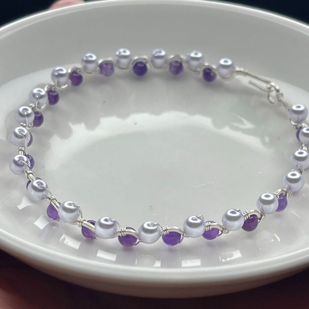Rebekah bangle bracelet 7” silver copper core lavender purple shell beads pearls